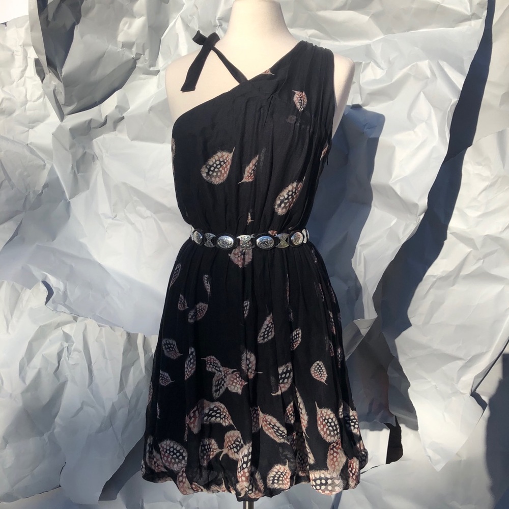Feather Print Asymmetrical Sleeve Dress